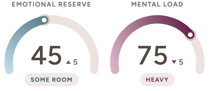 Emotional reserve 45, some room. Mental load 75, heavy.