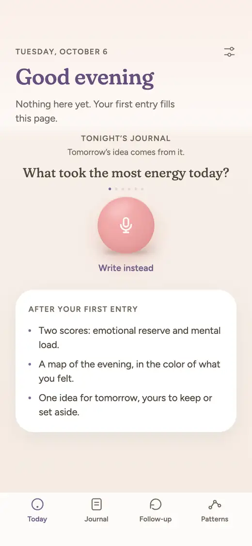 Today, in the evening: Tonight's journal, What took the most energy today?, the record button