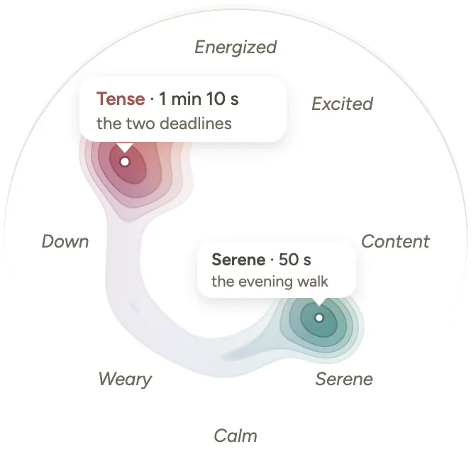 Leeway's map of one evening: Tense, 1 min 10 s, the two deadlines. Serene, 50 s, the evening walk.