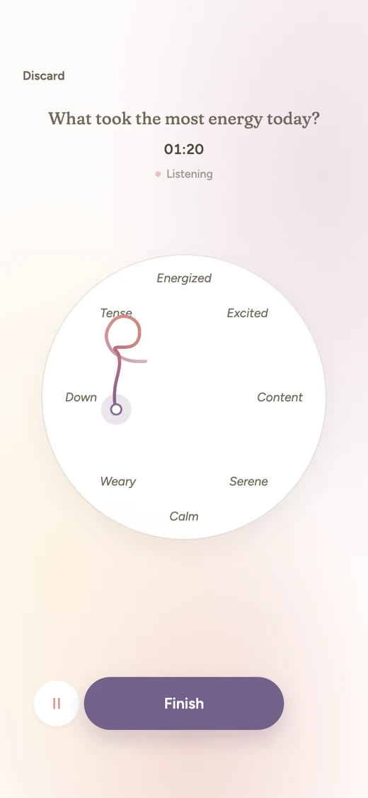 Recording in Leeway: the question at the top, a timer, and the path of the voice drawing across the emotion map.